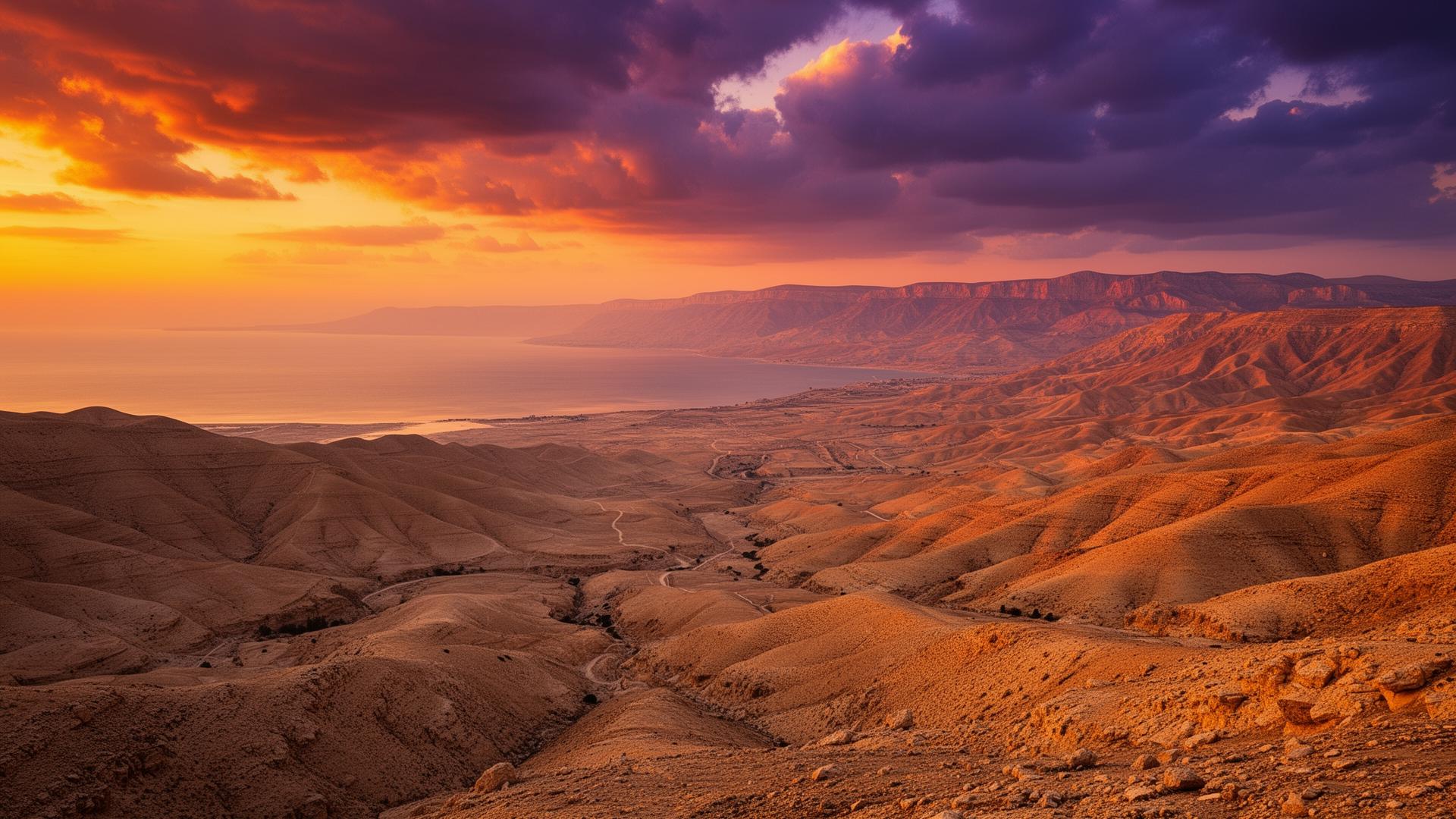 נוף ישראלי בשעת השקיעה — הרי מדבר יהודה וים המלח